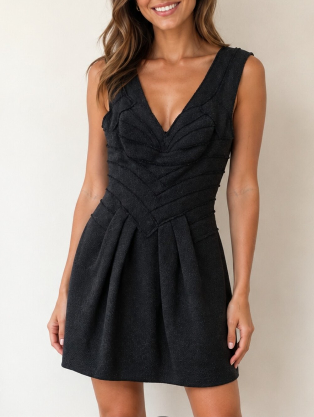 Herve Leger V-Neck  Mini Dress with Pleated Skirt